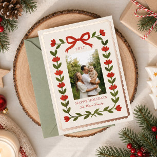 Red Bow Folk Floral Family Holiday Photo