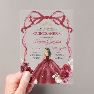 Red Bow Frame Princess Gold Crown Girl Quinceañera Acrylic Invitations