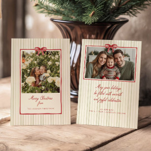 Red Bow Frame Sage Stripes 2 Photo  Holiday Card