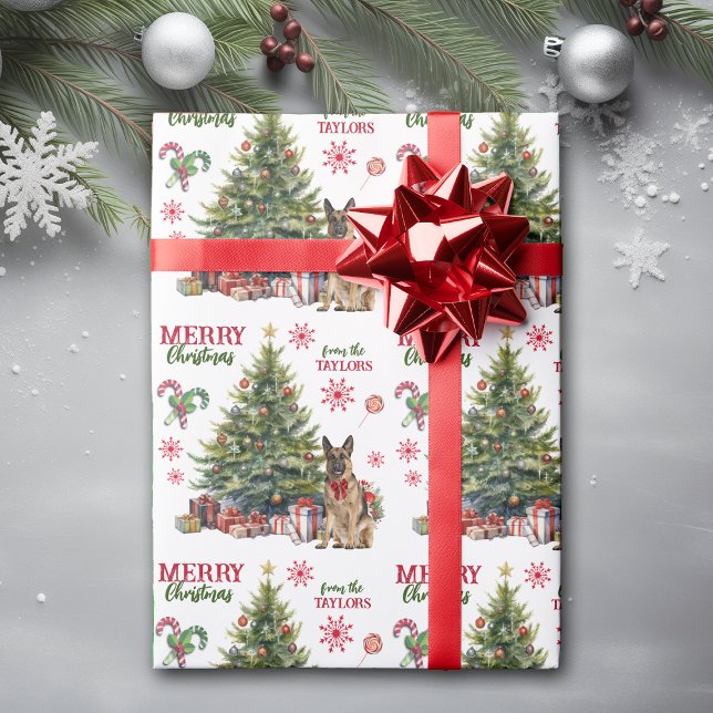 Red Bow German Shepherd Dog Holiday Tree Wrapping Paper (Creator Uploaded)