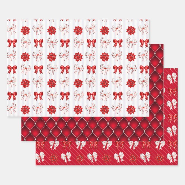 Red Bow & Gift Box Peppermint Christmas Wrapping Paper Sheet (Set)