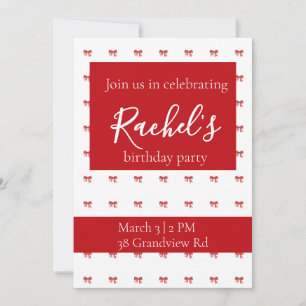 Red Bow Girl Birthday Party Invitation