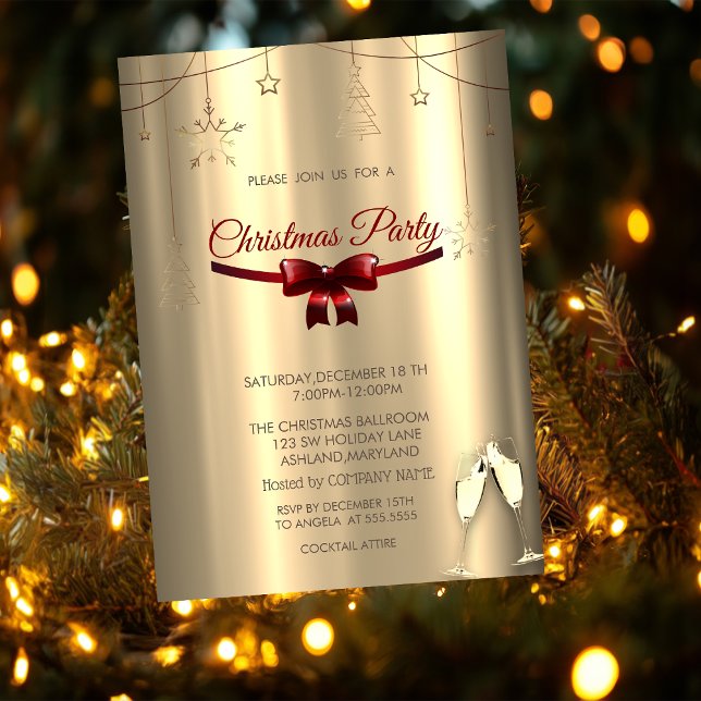 Red Bow,Glasses Gold Ornaments Company Christmas Invitation (Creator Uploaded)