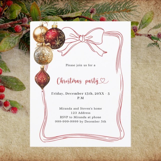 Red bow gold baubles Christmas Party invitation (Creator Uploaded)