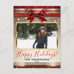 Red Bow Gold Beige Sparkle Holiday Photo Card