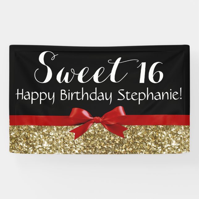 Red Bow Gold Glitter Sweet 16 Birthday Party Banner (Horizontal)