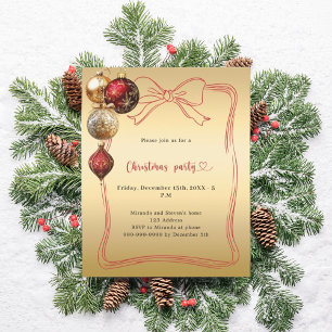 Red bow gold ornaments Christmas Party invitation