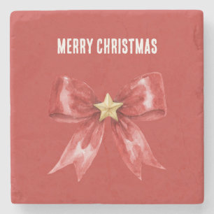 Red Bow Gold Star Stone Coaster