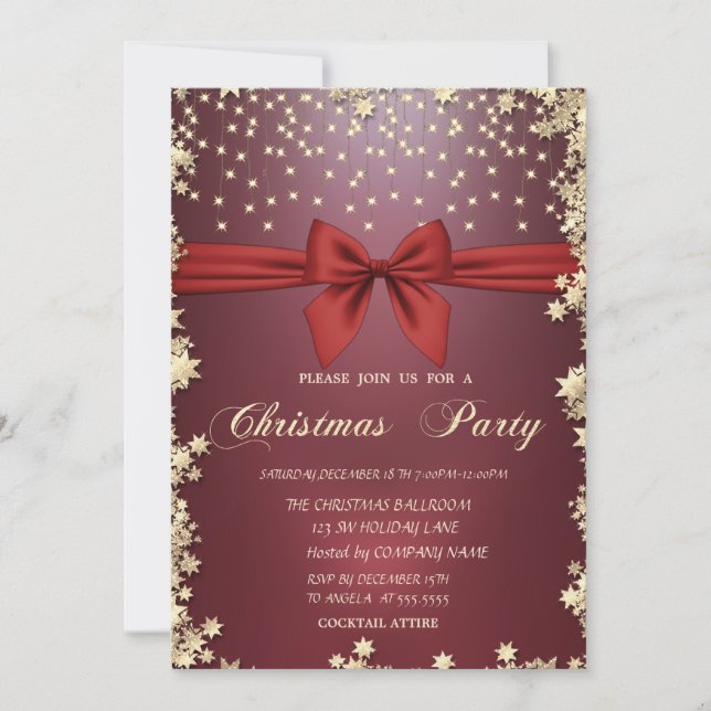Red Bow Gold Stars Christmas Party Invitation (Front)