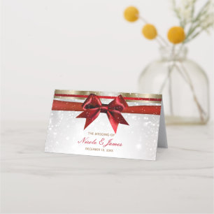 Red Bow Gold White Sparkle Christmas Wedding Place Place Card