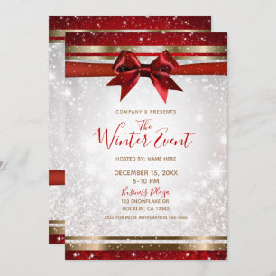 Red Bow & Gold White Sparkle Elegant Holiday Event Invitation