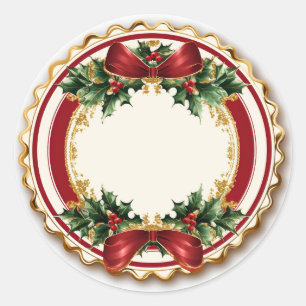 Red Bow Golden Holly & Ivy Classic Round Sticker