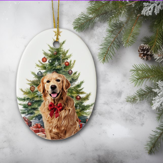 Red Bow Golden Retriever Dog Christmas Ceramic Tree Decoration (Creator Uploaded)