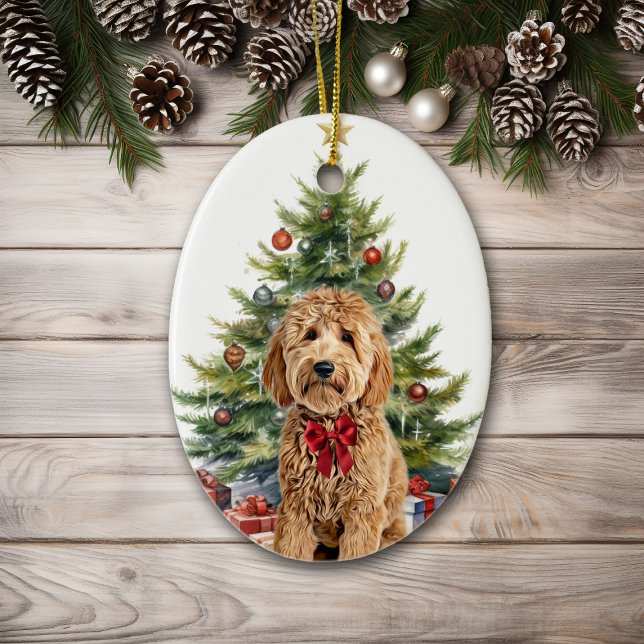 Red Bow Goldendoodle Dog Christmas Ceramic Tree Decoration (Creator Uploaded)
