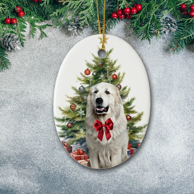 Red Bow Great Pyrenees Dog Christmas Ceramic Tree Decoration (Creator Uploaded)