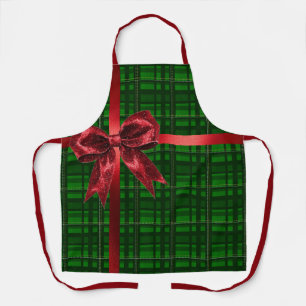 Red Bow Green Gingham Plaid Christmas Present Apron