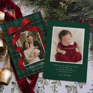 Red Bow & Green Plaid Family Photo Christmas Card