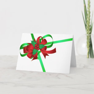 Red Bow Green Ribbon Holly Berry Blank Christmas Holiday Card