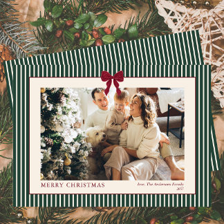 Red Bow Green Stripes Merry Christmas Photo Holiday Card