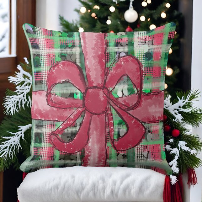 Red bow green white tartan festive cute glitter  cushion (Creator Uploaded)