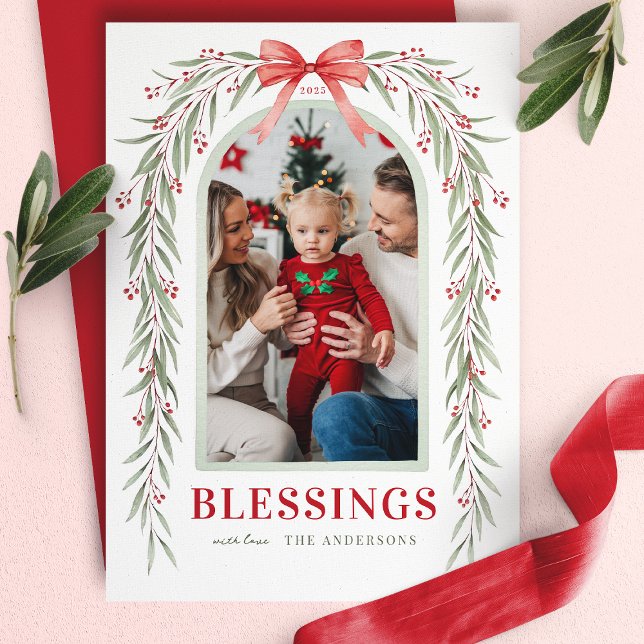  Red Bow Greenery Arch Blessings Christmas Photo Holiday Card (Creator Uploaded)