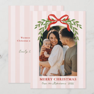 Red Bow Greenery Pink Stripes Arch Photo Christmas Holiday Card