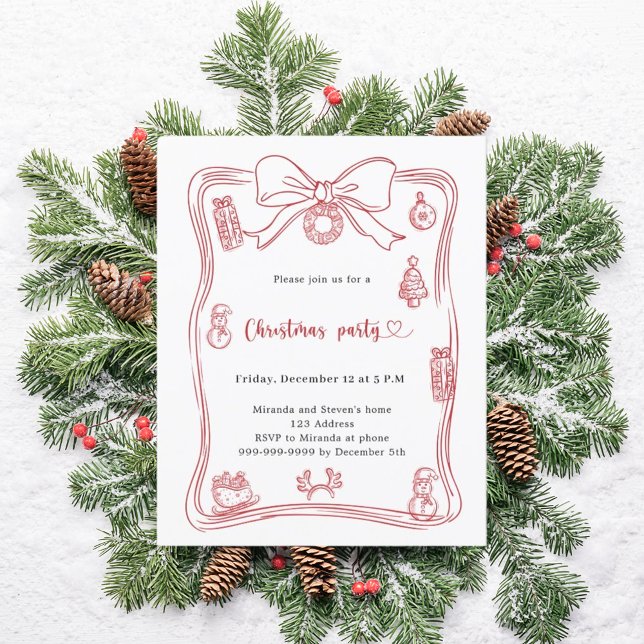 Red bow hand-drawn Christmas Party invitation (Creator Uploaded)