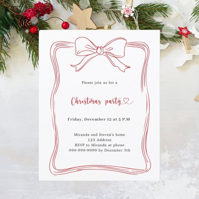 Red bow hand-drawn Christmas Party invitation (Creator Uploaded)
