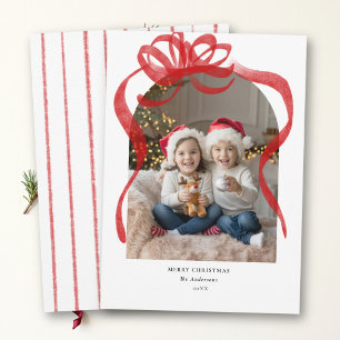 Red Bow Hand Drawn Whimsical Chic Photo Christmas Holiday Card