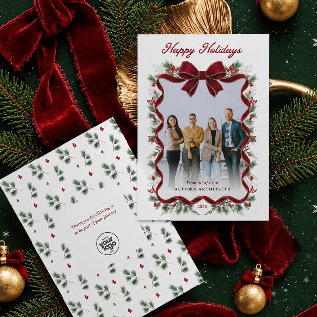 Red Bow Happy Holidays Business Photo Invitation (Happy Holidays Red Bow Photo  Business Greeting card with logo)