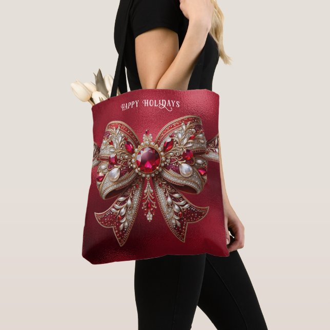 Red Bow Holiday Tote Bag (Close Up)