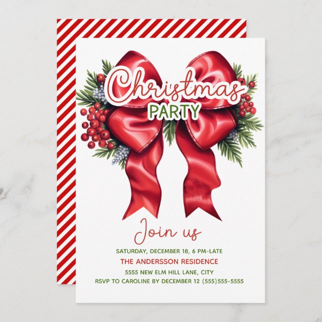 Red Bow Holly Berries Christmas Party Invitation (Front/Back)