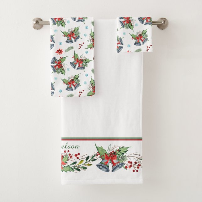 Red Bow Holly Christmas Bells Pattern Bath Towel Set (Insitu)
