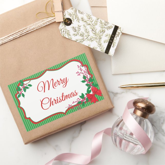 Red Bow Holly Christmas Frame Rectangular Sticker (Gifting)