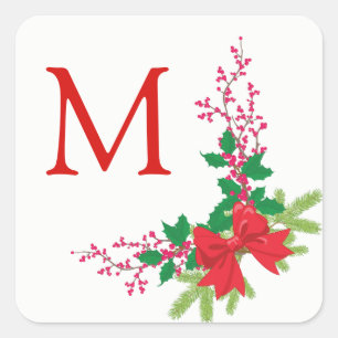 Red Bow Holly Christmas Square Sticker