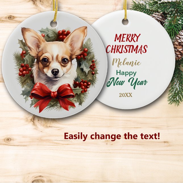 Red Bow Holly Wreath Chihuahua Dog Ceramic Tree Decoration (Creator Uploaded)