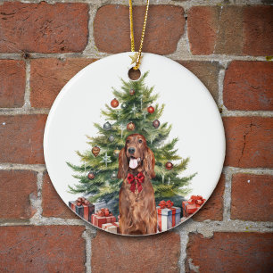Red Bow Irish Setter Dog Christmas Ceramic Tree Decoration