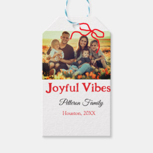 Red bow joyful Vibes add family name photo christm Gift Tags