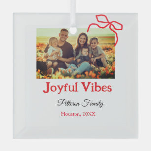 Red bow joyful Vibes add family name photo christm Glass Tree Decoration