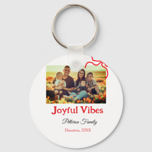 Red bow joyful Vibes add family name photo christm Key Ring