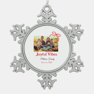 Red bow joyful Vibes add family name photo christm Snowflake Pewter Christmas Ornament
