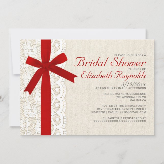 Red Bow & Lace Bridal Shower Invitations (Front)