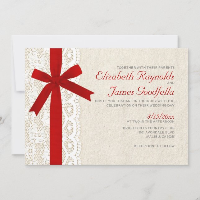 Red Bow & Lace Wedding Invitations (Front)