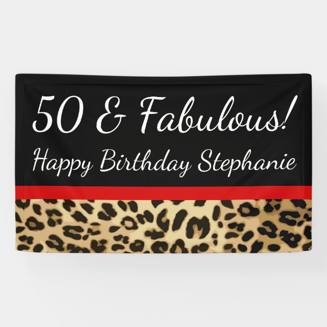 Red Bow Leopard 50th Fabulous Birthday Party Banner (Horizontal)