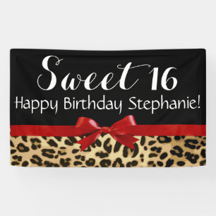Red Bow Leopard Print Sweet 16 Birthday Party Banner