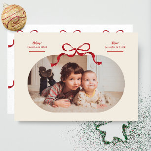 Red Bow Merriest Christmas Oval Photo Flat Holiday Card