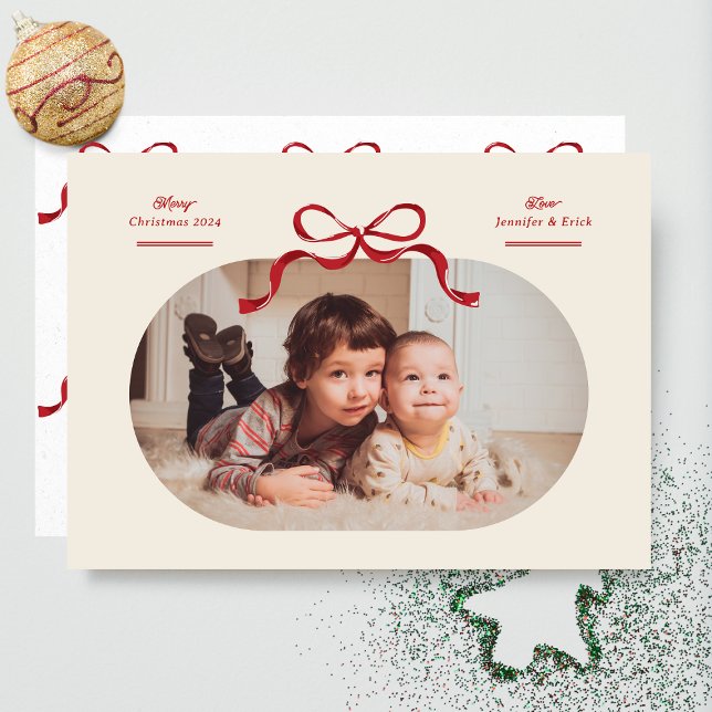 Red Bow Merriest Christmas Oval Photo Flat Holiday Card (Creator Uploaded)