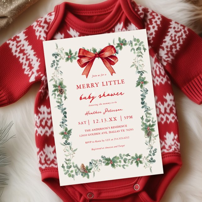 Red Bow Merry Little Christmas Baby Shower Invitation (Creator Uploaded)