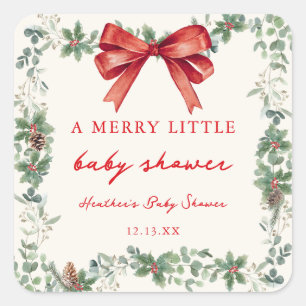 Red Bow Merry Little Christmas Baby Shower Square Sticker