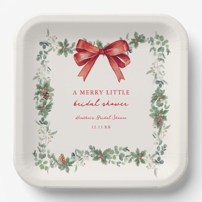 Red Bow Merry Little Christmas Bridal Shower Paper Plate (Front)